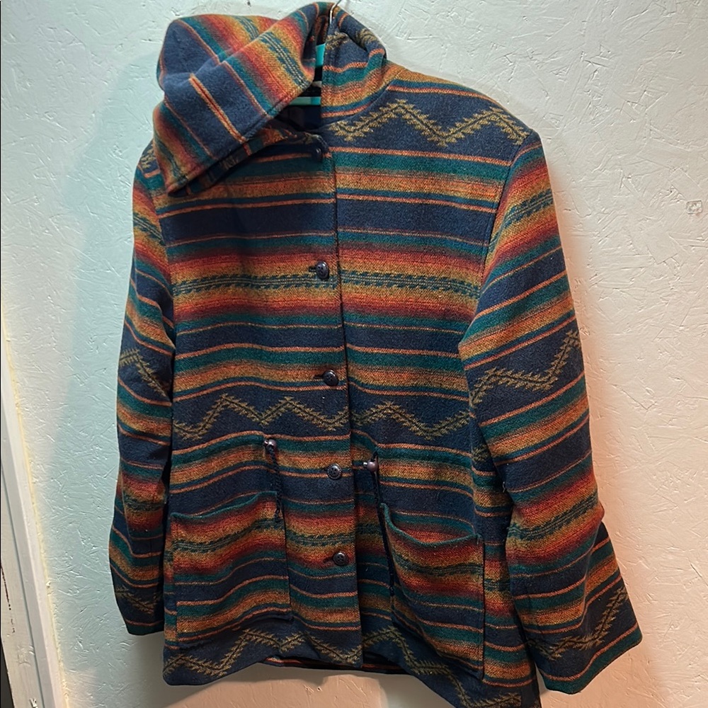 Hooded Aztec style vintage wool blend coat XL